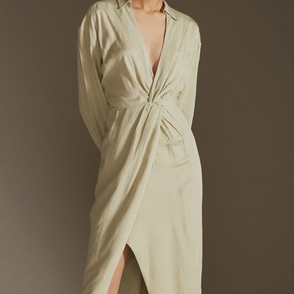 Anthropologie 4 NWT V-Neck Knot Front Midi Dress Sage Green Linen Blend - Picture 6 of 12